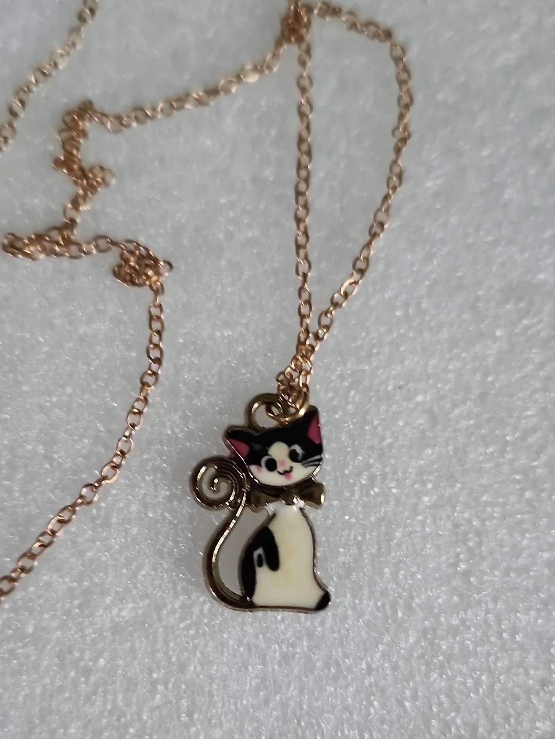 Hand Crafted Gold Cat Pendant Necklace With Black, Cream & Pink Enamel